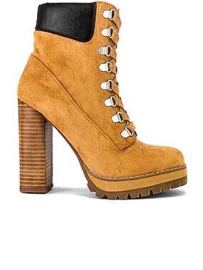 Steve Madden Tan Suede Lace-Up Block Heel Ankle Boot with Black Collar